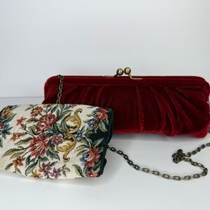 Vintage Red Velvet Clutch & Floral Tapestry Purse Set with Brass Chain Strap